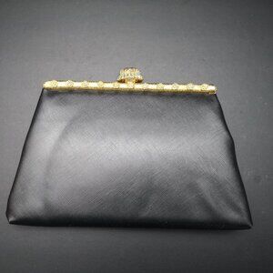 Vintage After Five Black Faux leather Clutch w/ Gold & Blue Accents